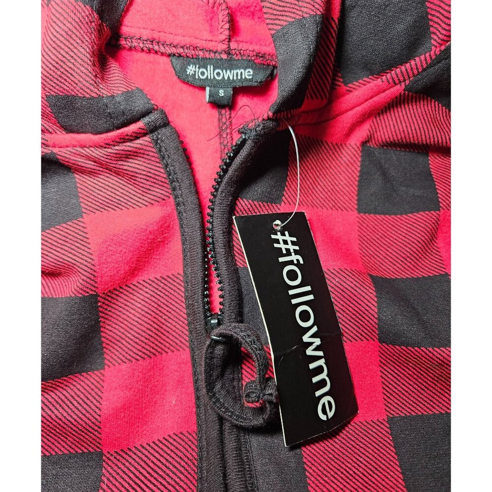 FollowMe Soft One Piece Pajama Body Suit Red Black Plaid XL Full Zip w/Hood